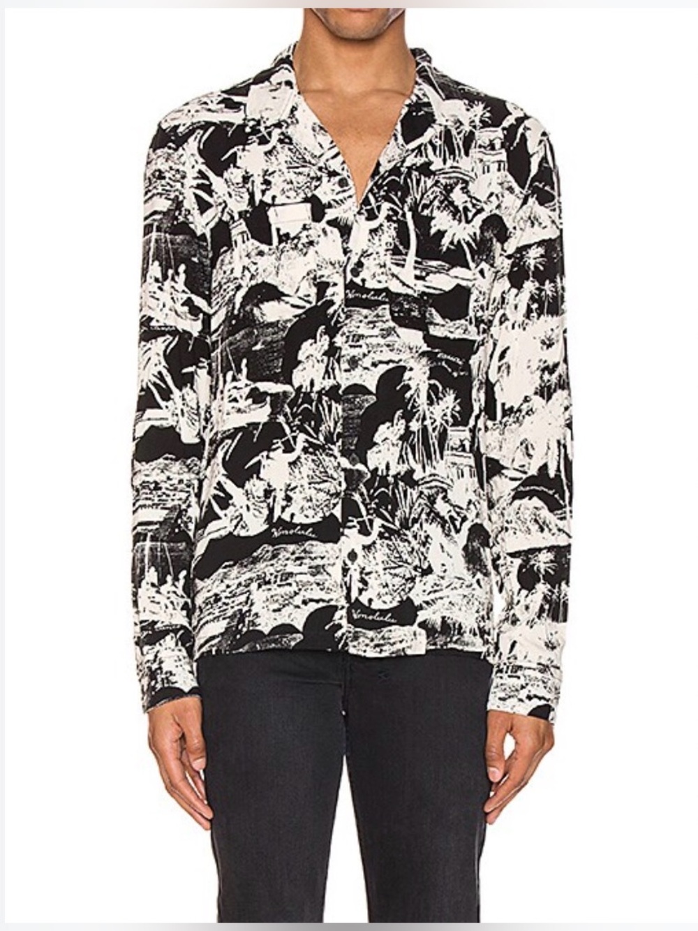 AllSaints Hawaiian Print Button Up Shirt Black Cream Size L